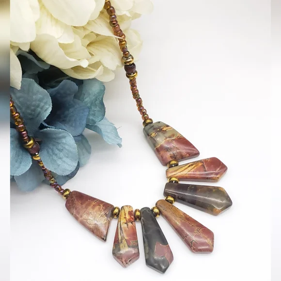 Handmade Red Creek Jasper Stone Bib Style Necklace Iridescent Glass Seed Beads - Picture 5 of 12